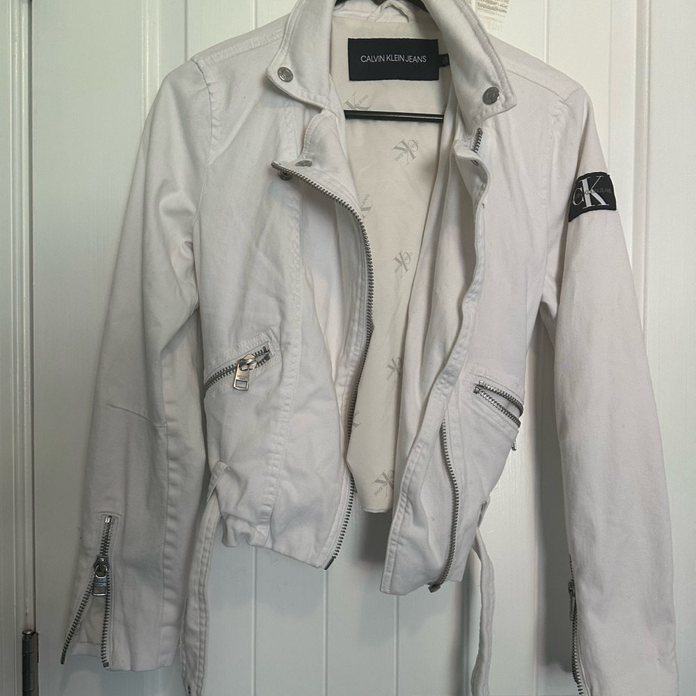 Calvin Klein Jeans Cropped White Moto Jacket, size M - Picture 3 of 13